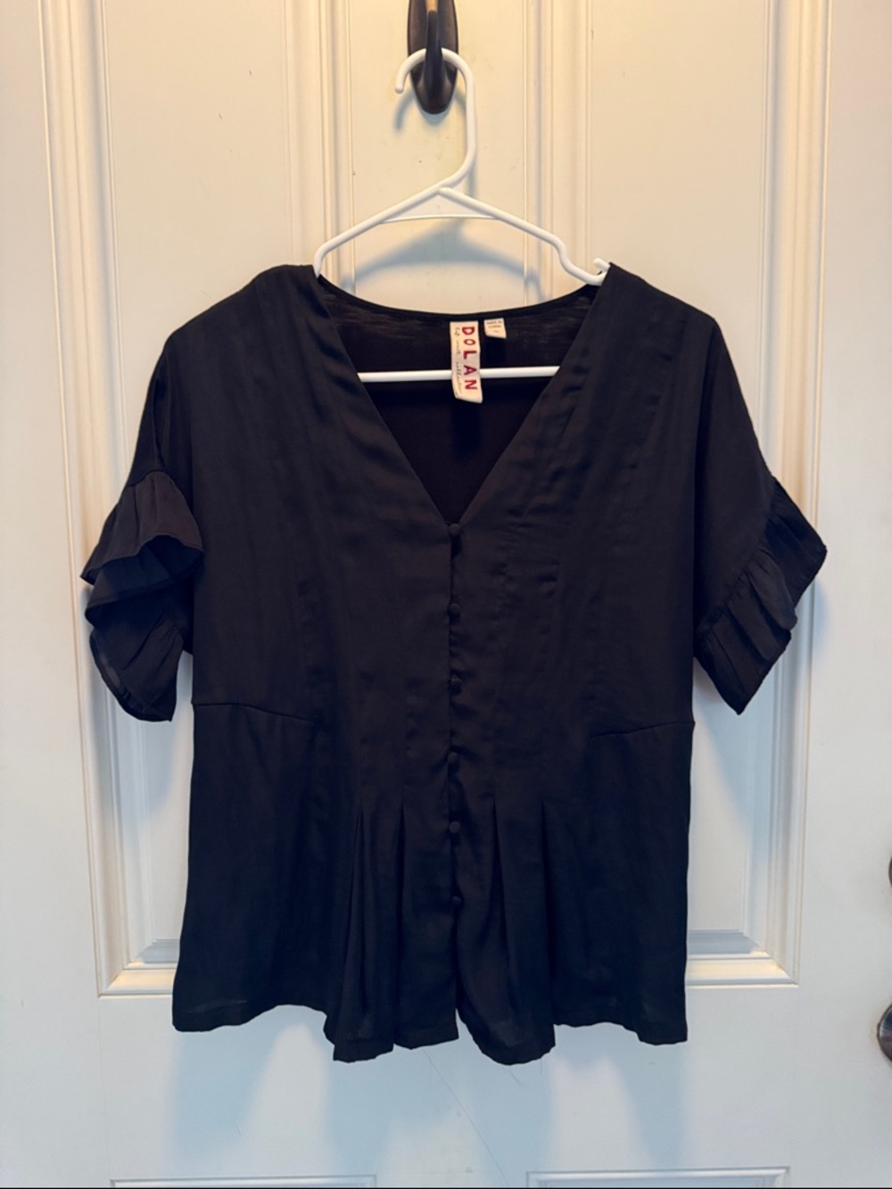 Anthropologie Dolan Black V-Neck Button Front Ruffle Sleeve Blouse